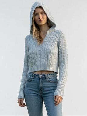 Vtg Y2K Charlotte Russe Light Gray Cable-Knit Low V-Neck Hoodie Sweater M Bella